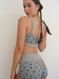 Women Spring Summer Outfit Sets Long Sleeve V Neck Floral Tops + Elastic Band Button Shorts Harajuku Retro Pjs