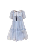 Women's Blue Gauze Mesh Dress Vintage Korean Harajuku Short Sleeve One Piece Lace Midi Dress 2023 Summer Princess Fairy
