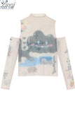 Shoulder Mesh Tees Hand-Painted Streetwear Sexy Slim Bodycon T Shirt Female Long Sleeve 2023 Chic Elastic Party Ins Tide