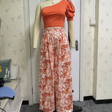 Women 2 Piece Set Sexy One-Shoulder Puff-Sleeve Top Printed Pant Two-Piece Sets High Streetwear Fashion Skirts Set