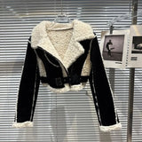 2022 Winter New Arrival Lambswool Leather Ripped Pu Jacket Belt Women