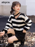 Sexy Sweater Women Autumn Korean Hollow Out Pullover Striped Knitted Tops New Loose Drawstring Feamle Clothing