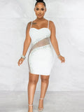 Sexy Black Rhinestone Crystal Mesh Patchwork Mini Dress Womens Strap Skinny Night Clubwear Bodycon