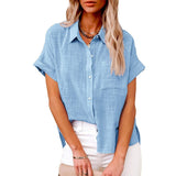 Summer New Women's Solid Color Linen Shirt Short Sleeve Casual Loose