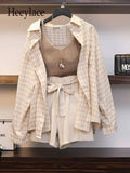 Shorts Three Piece Sets Womens Outfit Korean Casual Knitted Vest+plaid Long Sleeve Sunscreen+ Shorts Sets Women