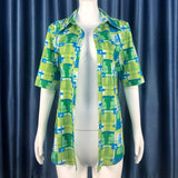 Retro Streetwear Green Plaid Print Oversized Shirts Autumn 90s Fashion Single-breasted Short Sleeve Long Shirt