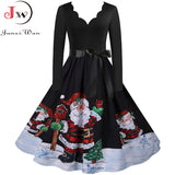 Women Christmas Dress Long Sleeve Vintage Elegant V Neck Print Big Swing Party Xmas New Year Winter Clothes S~3XL