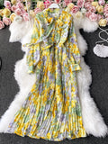 Autumn Bohemian Floral Pleated Long Dress Women Elegant Bow Collar Puff Sleeve Draped Chiffon Vestidos Female Party