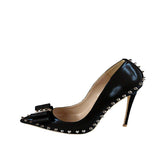 nude 12cm extreme high heels women shoes with bow rivets black red pointed toe shallow women pumps plus size MD002