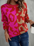 Tops 2022 Women Autumn Winter New Leopard Print Stitching Sweater Streetwear Round Neck Long Sleeve Knitting