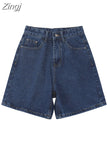 Women High Waist Wide Leg Denim Shorts Casual Female Solid Streetwear Knee-length Stright Jeans Bermuda Shorts 2023 New
