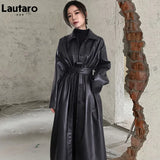 Autumn Long Black Cool PU Leather Trench Coat for Women Belt Single Breasted Loose Korean Fashion Wholesale Clothes