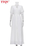 Sexy V-Neck Women White Dress 2022 Summer Short Sleeve Party Midi Dresses Elegant Slim Single-Breasted Slit Female