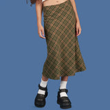 E-girl Plaid High Waist Mermaid Skirts Women Streetwear Cotton Long Skirts Chic Vintage Style Ladies Bottoms