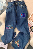 Style Loose Bear Embroidery Women High Waist Vintage Denim Trousers Ankle-Length Baggy Jeans Wide Leg Chic Pants