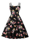 Front A Line Vintage Elegant Floral Party Flare Dress Women Summer Spaghetti Strap Shirred Back Cotton Retro Dresses