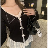 Aesthetic Lace Patchwork Bow Fake Two Piece TeeOutfit
