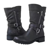 Women's Leather Boots Retro Belt Buckle Mid Calf Boots Round Toe 2022 Water Proof Casual Boots Women Botas De