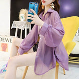 Summer Chiffon Transparent Blouse Puff Long Sleeve Oversize Office White Purple Button Up Shirt Korean Fashion