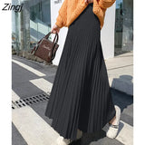2022 Winter Korean Fashion Thick Warm Stripe Knitted Long Pleated Skirt Women High Waist A Line Skirt