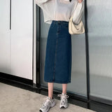 Vintage Slit Denim Skirts Women A Line High Waist Solid Midi Skirt Korean Office Lady Casual All Match Straight Skirts