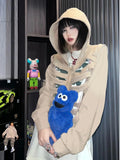 Women's Y2K Goth Cutout Zip-up Sweatshirt Grunge Long Sleeve Punk Harajuku Unisex Hooded Skeleton Hollow