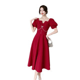 Wedding Party Midi Dresses for Women 2023 New Summer French Chic Square Collar Female Clothes Luxury Evening Black