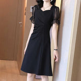 style retro black dress women square collar waist shirring midi a-line dresses office elegant intellectual vestido
