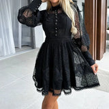 Hollow Out Long Sleeved Waist Office Dress New Spring Lace Patchwork Dress Chic Women O-neck Pearl Button Solid Mini