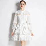 Women's Stand Collar Single Breasted Dresses New Spring Ladies Fashion Hollow Out Embroidery Lace Trims White Mini