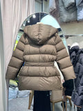 Winter Women's Down Jackets Ultra Light Warm Casual Coat Female Puffer Jacket With a Belt Plus Size Hooded Parka