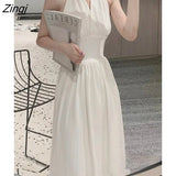 Backless Vintage Elegant Dress Women Summer 2022 Korean Sexy Party Fairy Midi Dresses Casual Designer Retro Halter