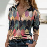 Women Long Sleeve V Neck Geometric Print Blouse Vintage Loose Polo Shirt Y2K Harajuku Oversize Tops Elegant Zip Sweatshirt
