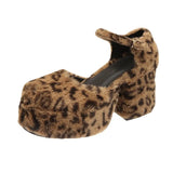 Fur Platform Pumps Womens Round Toe Leopard Mixed Colors Block High Heel Shoes Lolita Cosplay Halloween Real Leather