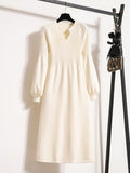 Winter Knitwears Sweater Dresses Office Ladies Elegant Solid Lantern Sleeve High Waist A-line Knitted Dresses 4XL