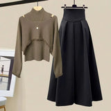 Winter Two Piece Sets For Women Outfits Ladies Elegant Long Sleeve Knitted Sweater And High Waist A-line Pleated Skirt
