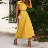 Women Solid Ruffles Backless Crop Top & Maxi Skirt Set Party Weding