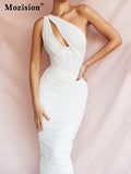 Diagonal Collar Ruched Dress Women Solid Summer Backless White Club Outfits Sexy One Shoulder Hollow Out Party