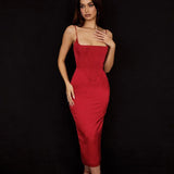 Women's Spaghetti Strap Square Collar Midi Wedding Party Dresses 2022 Summer Sexy Tunics Bodycon Evening Dress Black Red