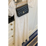 Elegant White Dress Women Korean Hollow Out A Line Midi Dresses Summer Sweet Vintage Puff Short Sleeve Slim Chic