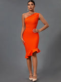 Midi Bandage Dress Women Orange Bodycon Dress Evening Party Elegant Sexy One Shoulder Birthday Club Outfit 2022