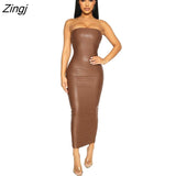 Autumn Sexy Leather Dresses For Women 2021 Strapless Backless Bandage Bodycon Long Dress Ladies Party Black Maxi