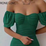 Women Solid Off Shoulder Short Sleeves Folds Bodycon Mini Summer Sexy Party Green