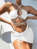 Sexy Woman Clothes Summer Halter Lace-up Three Pieces Sets Swimsuit Separate Swimwear Solid Low Waist Beachwear Bikini