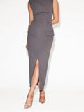 Neck Sleeveless Split Maxi Dresses Women Solid Color Fake Pocket Slim Fit Robes 2024 New Elegant Office Lady