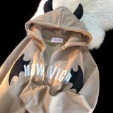 Retro Little Devil Embroidered Zipper Hoodie Women Y2K Street Fashion Trend Joker Sweatshirt Couple Casual Loose