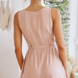 Queens Women Solid Sleeveless Beach Bohemian Mini Dress Ladies V-neck Beach Boho Dresses