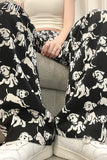 Silk Wide Leg Women High Waist Pantalones Straight Summer Casual Dog Print Pants Streetwear Y2k Thin Pant Loose