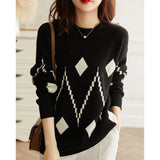 Winter O Neck Diamond Patchwork Loose Casual Sweater Ladies All-match Pullover Top Women Elegant Fashion Simple