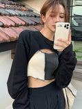 Hollow Out Long Sleeve T-shirt Patchwork Tank + Black Cloak Pullover T-shirt Two Piece Tops Streetwear Crop Tops